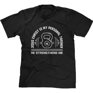 Jesus Christ Is My Personal Trainer Christian Workout Gym Saying Slogan Mens Tee