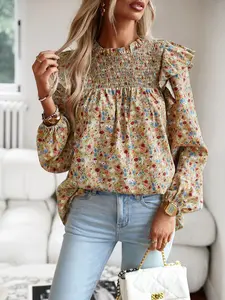 Women's Floral Print Long Sleeve Ruffle Blouse, Casual Elegant Chic Fitted Top for Daily Wear, Ladies Clothes Shirt for All Seasons