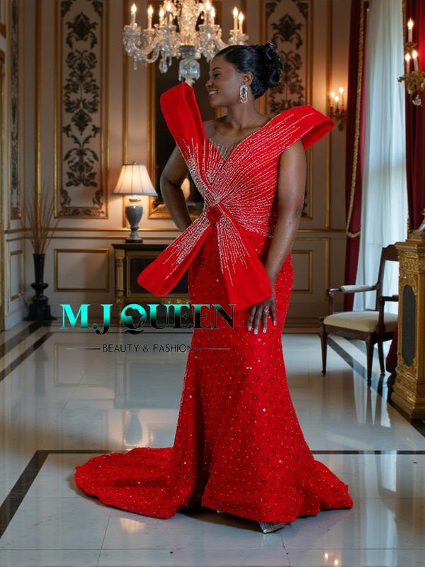 Crimson Sovereign Red Lace Evening Gown | Hand-Embellished Couture Dress | Custom Made Luxury Gala & Red Carpet Gown