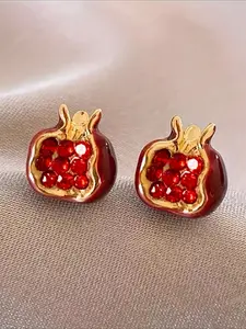 1 Pair of Small, Simple, Elegant, Sweet, Retro Fruit Pomegranate Unique Design Artificial Glass Inlay Stud Earring, Suitable for Women's Daily Versatile Mini Earrings