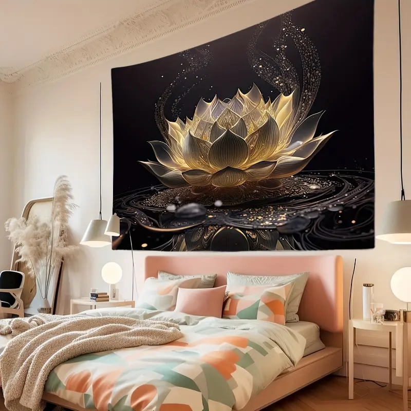 [1pc Black and Golden Lotus Flower Tapestry] Polyester Fiber Indoor Aesthetic Fantasy Wall Art, Easy Installation Kit Included, Multiple Sizes for Bedroom, Living Room Decoration, Indoors
