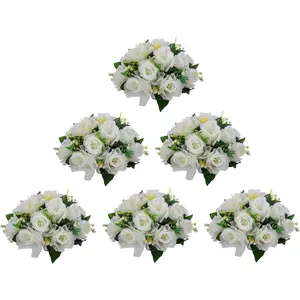 LoveCat Artificial Flower Centerpieces for Tables: 6pcs of Rose Flower Balls, Flower Kissing Balls, Fake 15-Head Plastic Flower Roses with Base for Birthday Party Christmas Home Wedding Decor (White)