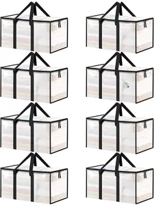 8 Pack Extra Large Heavy Duty Moving Bags, Clear Storage Bins with Lids, Reinforced Handles & Heavy-Duty Zippers Moving Boxes Storage Bags Totes for Clothes Packing, Dorms, College Supplies, Clear