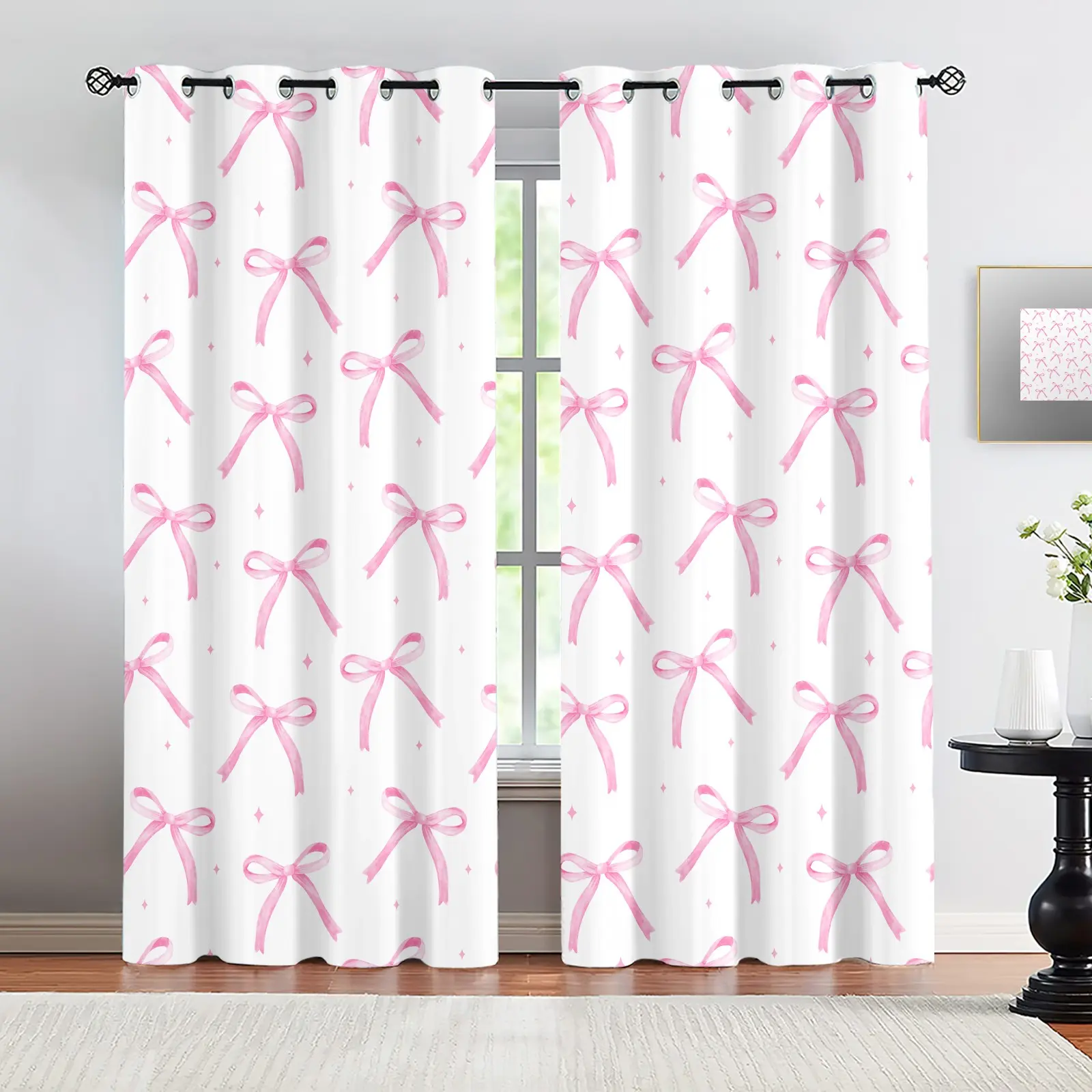 Watercolor Pink Coquette Bow Curtains for Living Room, Soft Pastel Ribbon Bow Window Curtains, Aesthetic Balletcore Shower Curtain, Preppy Girly Bedroom & Dorm Decor, Starry Pink Bow Design for Teen Girls, Home Decoration Curtain, Home Decorative Curtain