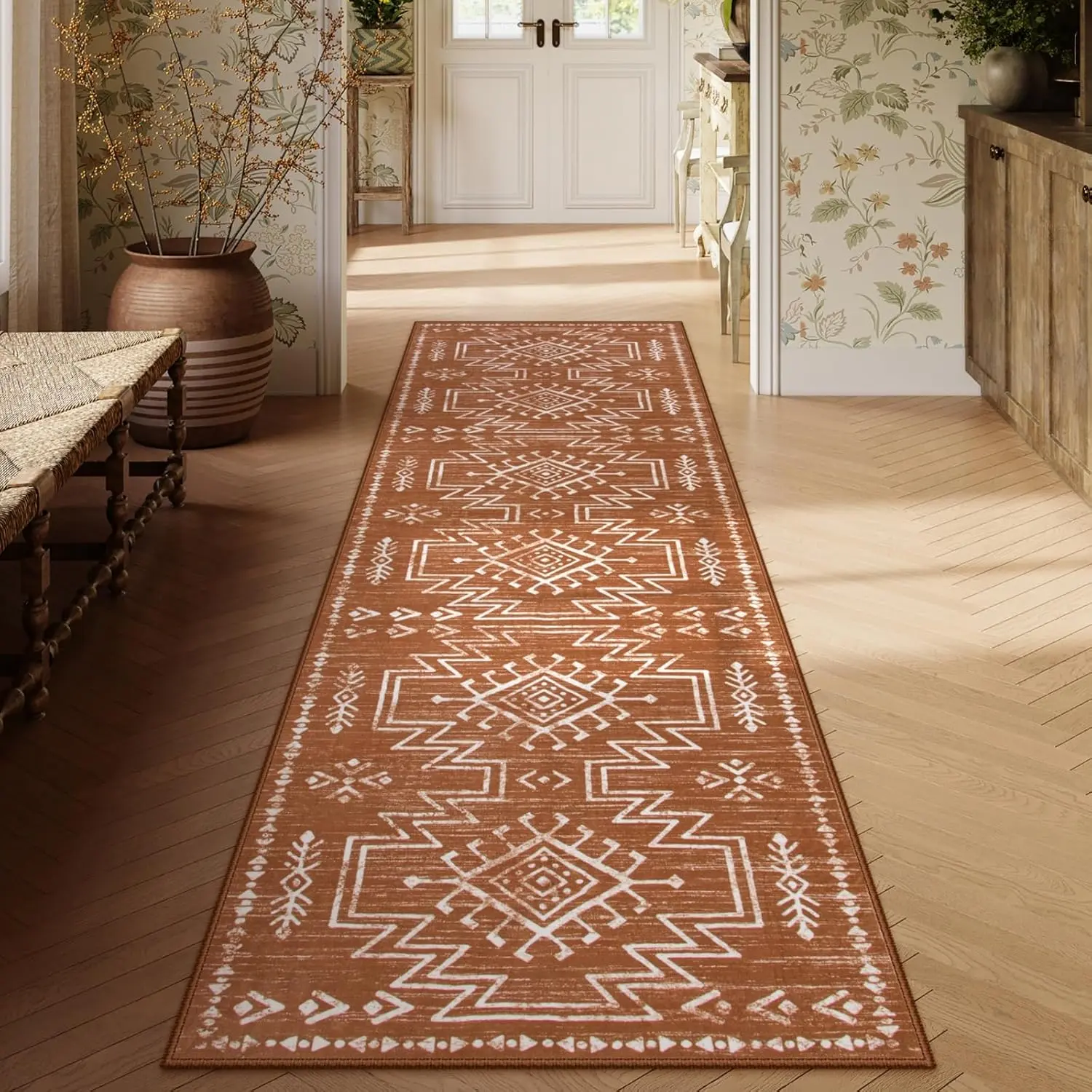 Vivienne Orange Hallway Runner Rug Non Slip, Boho Washable Western Runner Rug, Stain Resistant Aztec Fall Long Carpte for Entryway Entrance Indoor (2'5''x8')