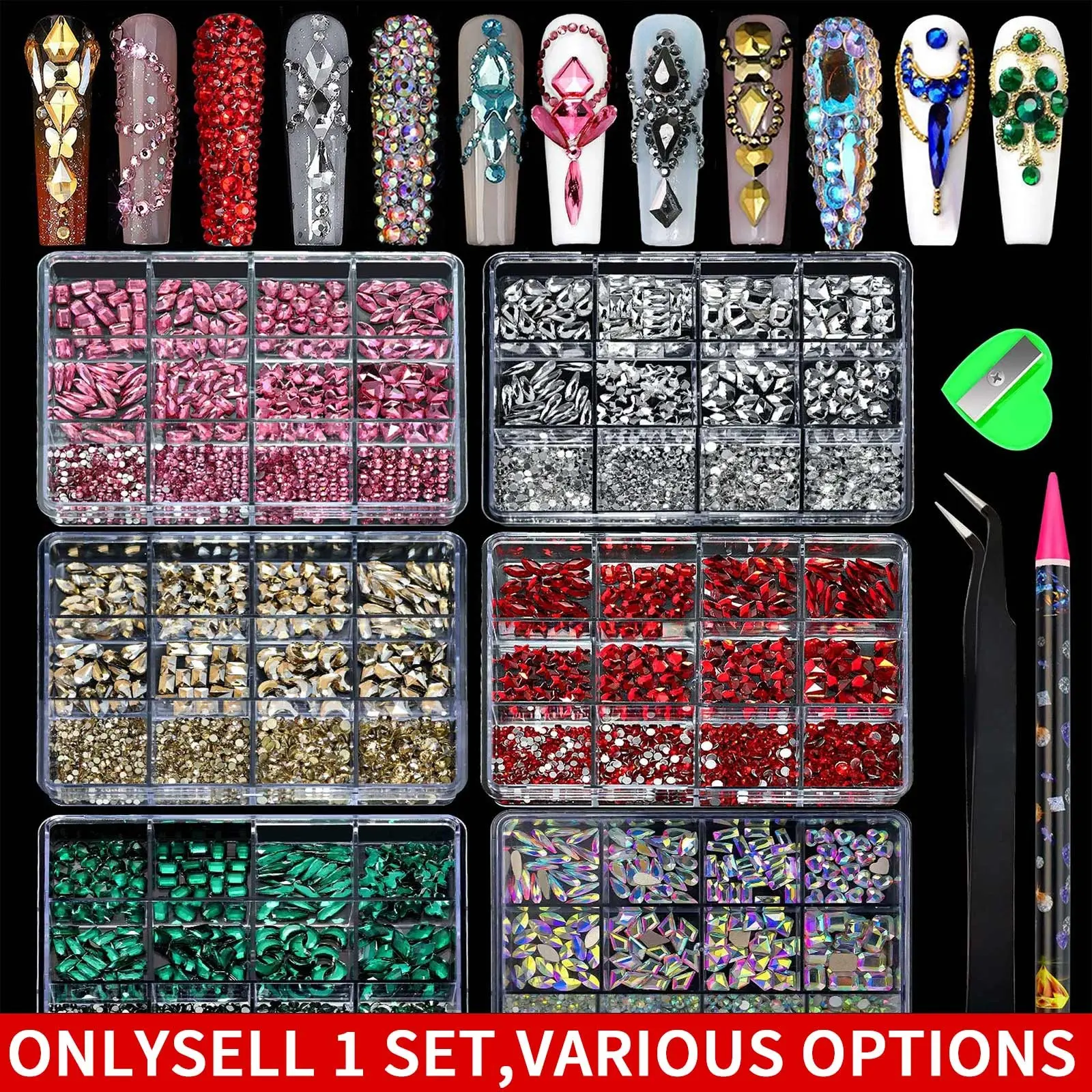 12-grid box of colorful shiny flat-bottom nail rhinestones, shiny nail DIY decoration supplies, Bling Rhinestone Decoration, Diy Nail Art, can also be used for facial decoration, Diy Bedazzling Rhinestones, Nail Art Accessories, Nail Art Supply