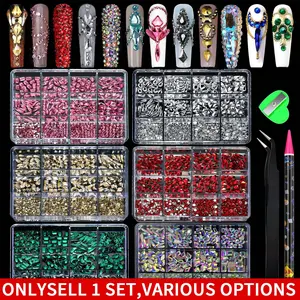 12-grid box of colorful shiny flat-bottom nail rhinestones, shiny nail DIY decoration supplies, Diy Nail Art, can also be used for facial decoration