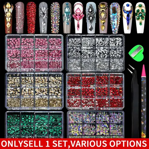 12-grid box of colorful shiny flat-bottom nail rhinestones, shiny nail DIY decoration supplies, Bling Rhinestone Decoration, Diy Nail Art, can also be used for facial decoration, Diy Bedazzling Rhinestones, Nail Art Accessories, Nail Art Supply