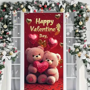 1PC Polyester Reusable 2D Flat Valentine's Day & Birthday Romantic Teddy Heart Door Banner - Cute Plush Ornament with Red Heart Balloons, Festive Home Party Decoration Curtain for Indoor, Outdoor Use
