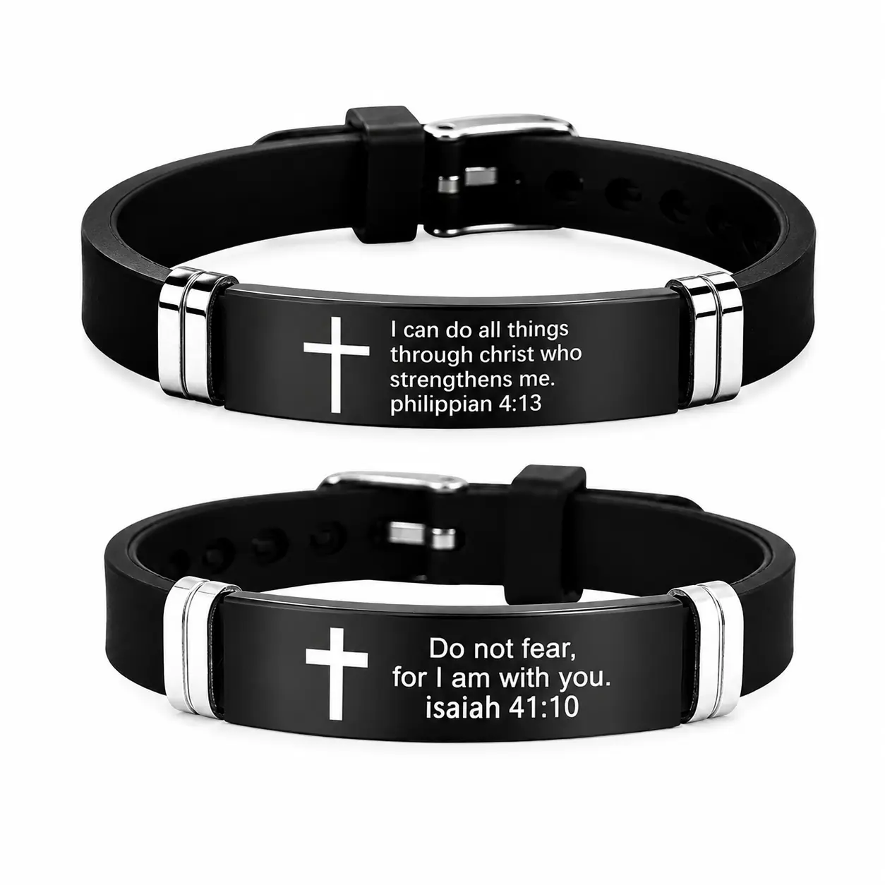 Men's Religious Leather Strap Bracelet Pair (2pc 4:13+41:10) - Stainless Steel Chain, Engraved Cross & Bible Verses, Fade-Resistant Easter Church Accessory, Unisex Inspirational Anniversary Gift