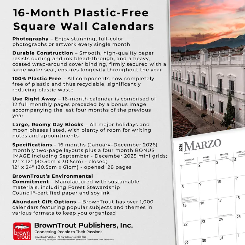 Mexico | 2026 12 x 24 Inch (Hanging) Monthly Square Wall Calendar | English/Spanish Bilingual | Plastic-Free | BrownTrout | Mexican America Scenic Nature 5