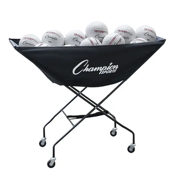 CHAMPION Volleyball Cart with Hammock-Style Nylon Bag, Collapsible Aluminum Frame with Storage Bin, Holds 24 Balls for Game & Drills, Games, Practice, Fitness Enthusiast, Compact, Fold For Easy Storage, Functional, Storage Bin Below