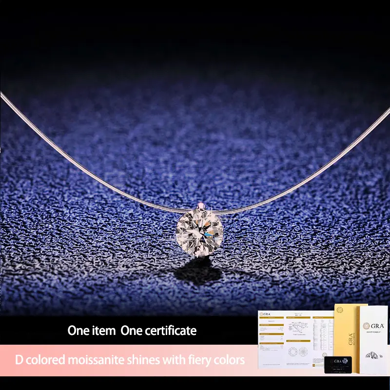 Women's Statement Necklace - 2CT Moissanite Floating Solitaire Pendant on Invisible Line Chain