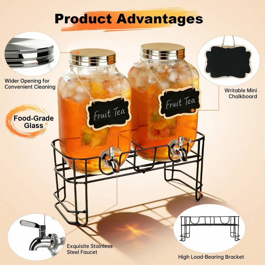 2 Packs 1 Gallon Glass With Stand And 304 Stainless Steel Faucet Party Drink Dispenser