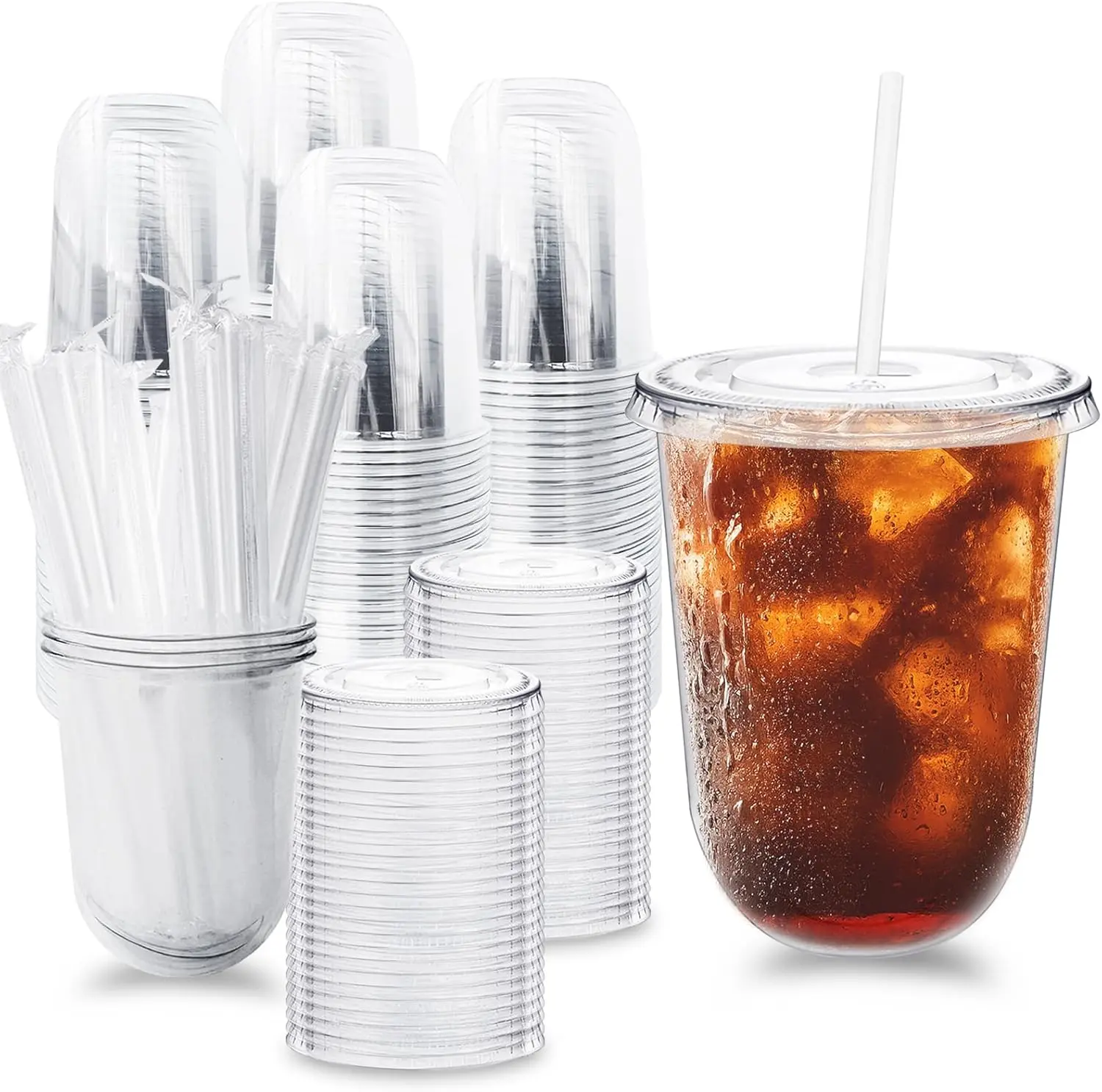 50-Pack 16 oz Clear PET Crystal Disposable Plastic Cups with Lids and Straws, Round Bottom To-Go Cups for Iced Coffee, Cold Beverages