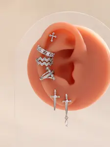 6-Piece Boho Drop Earring Set with Artificial Zircon Cross Studs, Sparkling Wave Meteor Hollow Geometric Star Ear Cuffs for Women, Earrings Set