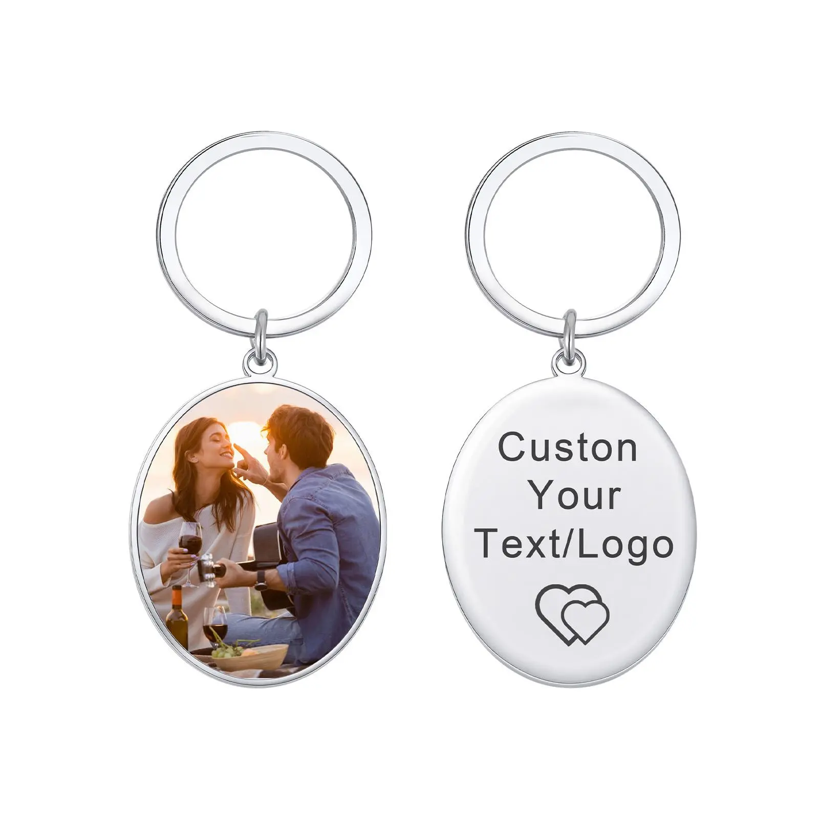 Vnox Customized Po Keychain Stainless Steel Oval Shape Black Silver Color Engraved Gifts for Men Women Birthday Father's Day