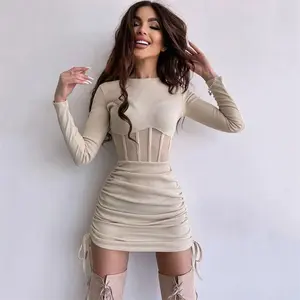 Fashion Sexy Backless Chain Round Neck Long Sleeve Wrap Hip Tight Retro French Dress Halloween