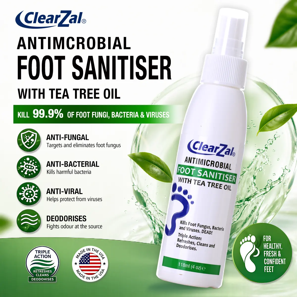 ClearZal Foot Sanitizer Spray with Tea Tree Oil, 4-Ounce Bottle ,Contains natural tea tree oil and aloe vera Long-lasting disinfectant and antibacterial spray Tinea pedis, fungal infection, burning, itching, dandruff