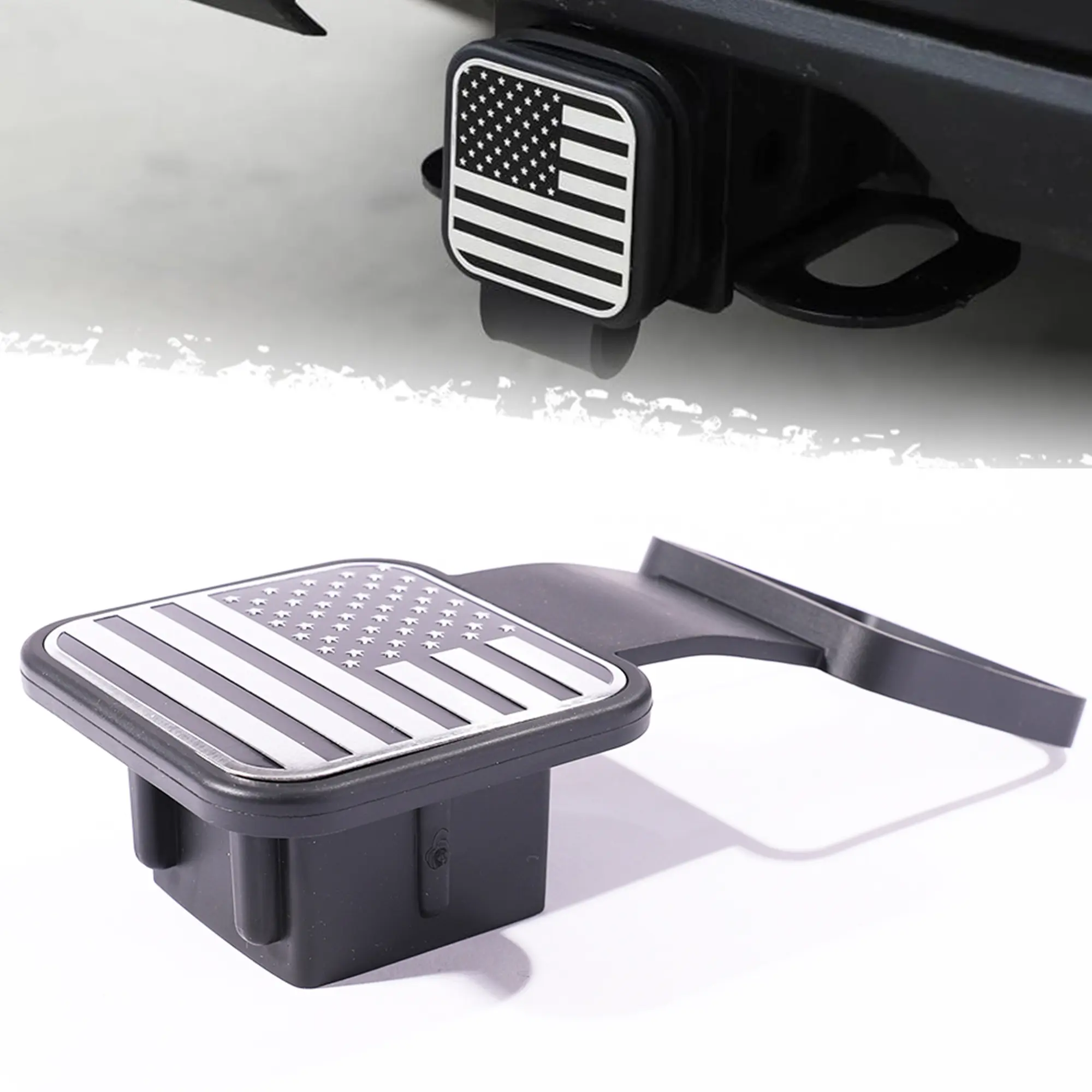 USA Flag Emblem Aluminum Alloy Trailer Hitch Cover, Standard 2"-Receiver Mudproof Cap with 4-Way Flat Insert, Black Soft Rubber Car Accessories for Jeep, Ford, Chevy (Including Chevy 1500) Trucks