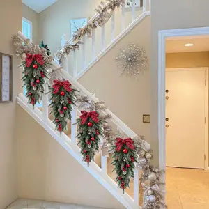 Artificial Christmas Stairway Swag, 1 Count Plaid Bow Decor Stairway Swag, Nordic Style Artificial Wreath for Stair Swag Trim, Christmas Decor