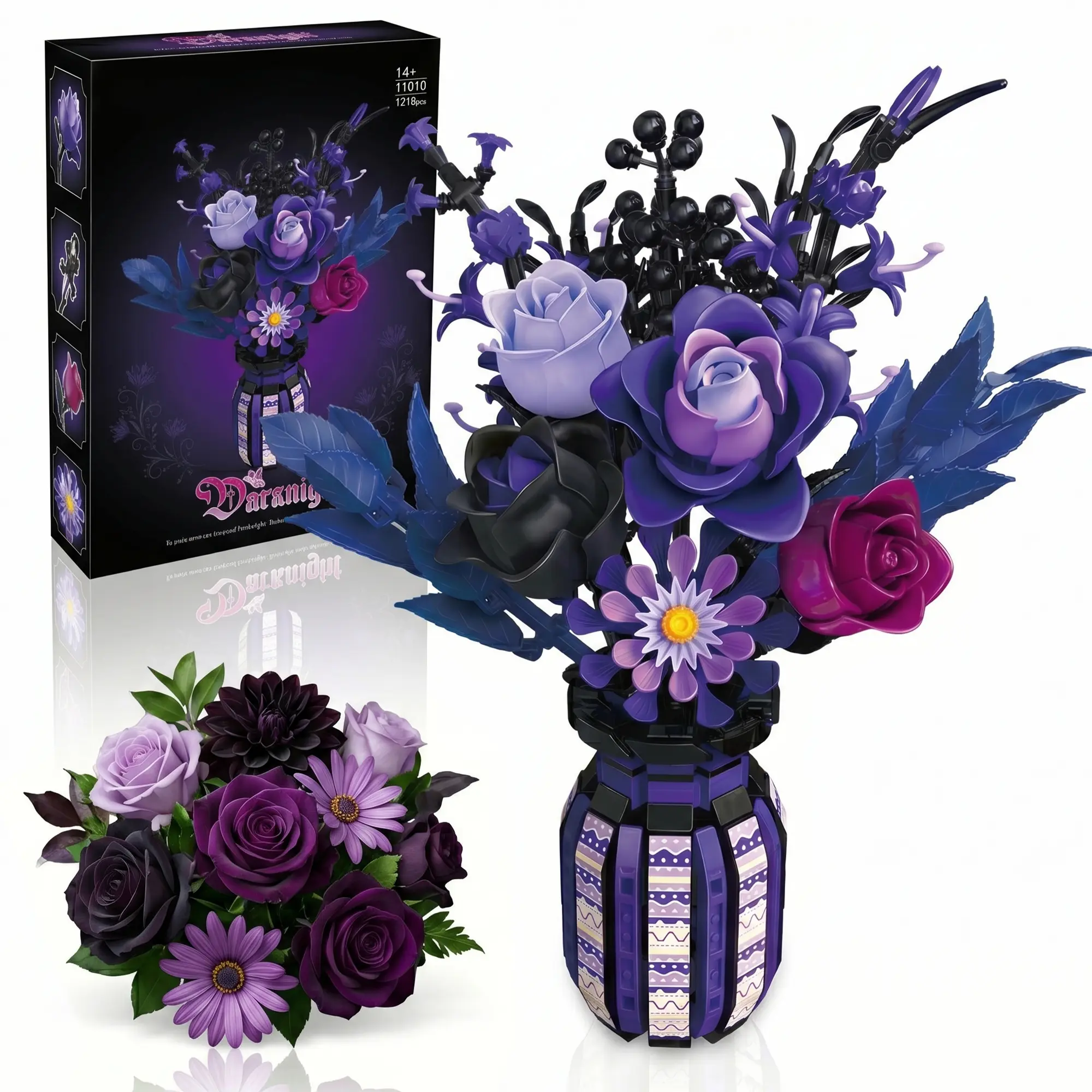 Purple Rose & Black Gothic Artificial Flower Bouquet Building Set - Decorative Plastic Faux Flowers Kit with Vase, Adult Relaxing Creative DIY Project, Unique Anniversary Gift, Dark Aesthetic Home Decor, Black Rose