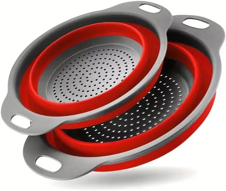 2-Pack Red Circular Silicone Collapsible Food Colander Kitchenware - Compact Small Perforated Multi-Functional Strainer with Durable Plastic Handles, Kitchen Utensils for Pasta, Vegetable Drainage