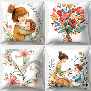 Floral Pattern Cushion Cover without Filler, 4 Counts/set Mother's Day Themed Pillow Cover, Square Pillowcase for Home Sofa Bed Decor