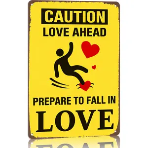 Valentines Gift Ideas Caution Love Ahead Prepare To Fall In Love Metal Sign 8x12 Inch Aluminum Romantic Wall Decor Plaque With Hearts And Playful Figure Yard Sign