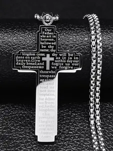 Christian Bible Cross Chain Necklace, Stainless Steel Pendant Necklace for Men, Religious Prayer to Jesus Cuban Cross Necklace