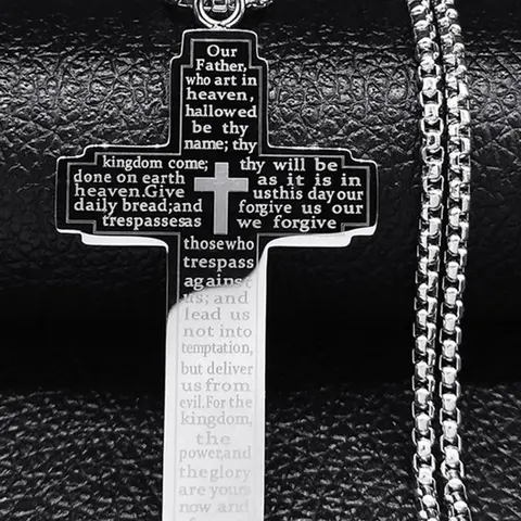 Christian Bible Cross Stainless Steel Pendant Necklace, Men's Religious Prayer Faith Jewelry, Multi-Color Options, Punk Style, Cross Necklaces