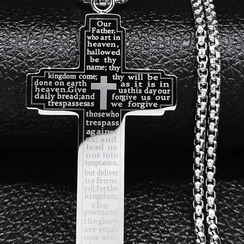Christian Bible Cross Stainless Steel Pendant Necklace, Men's Religious Prayer Faith Jewelry, Multi-Color Options, Punk Style, Cross Necklaces