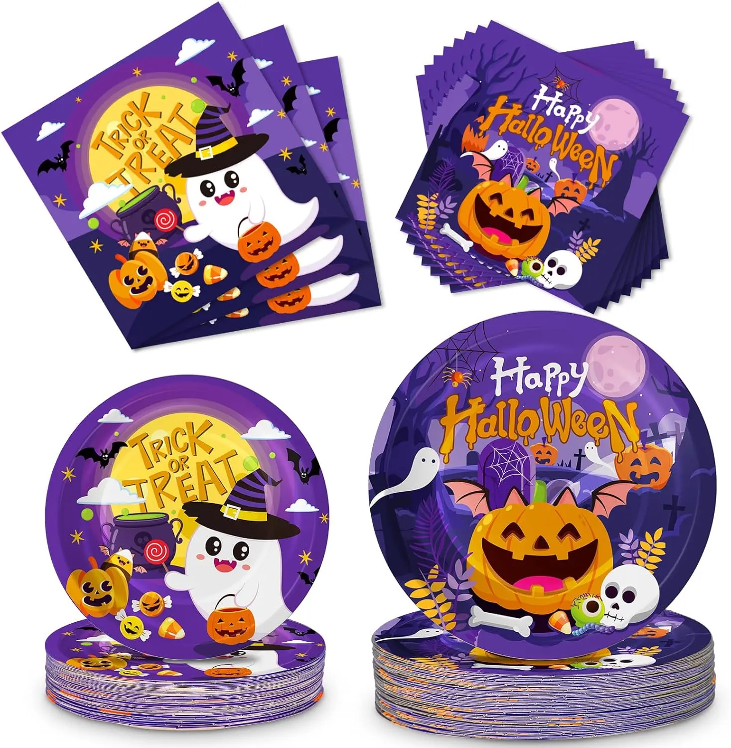 100 Pcs Halloween Plates and Napkins Sets - Cute Happy Halloween Party Supplies  Tableware, Halloweens  Disposable Paper Plates Napkins Set for Halloweens Birthday Party Decorations Favors, Serve 50