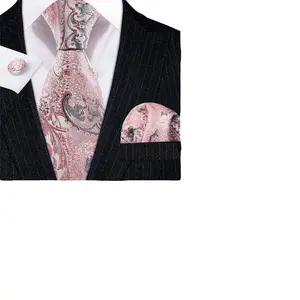Barry.Wang Floral Silk Men Tie Hankerchief Cufflinks Set Pink Green Purple Red Gold Novelty Spray Necktie for Male Wedding Party