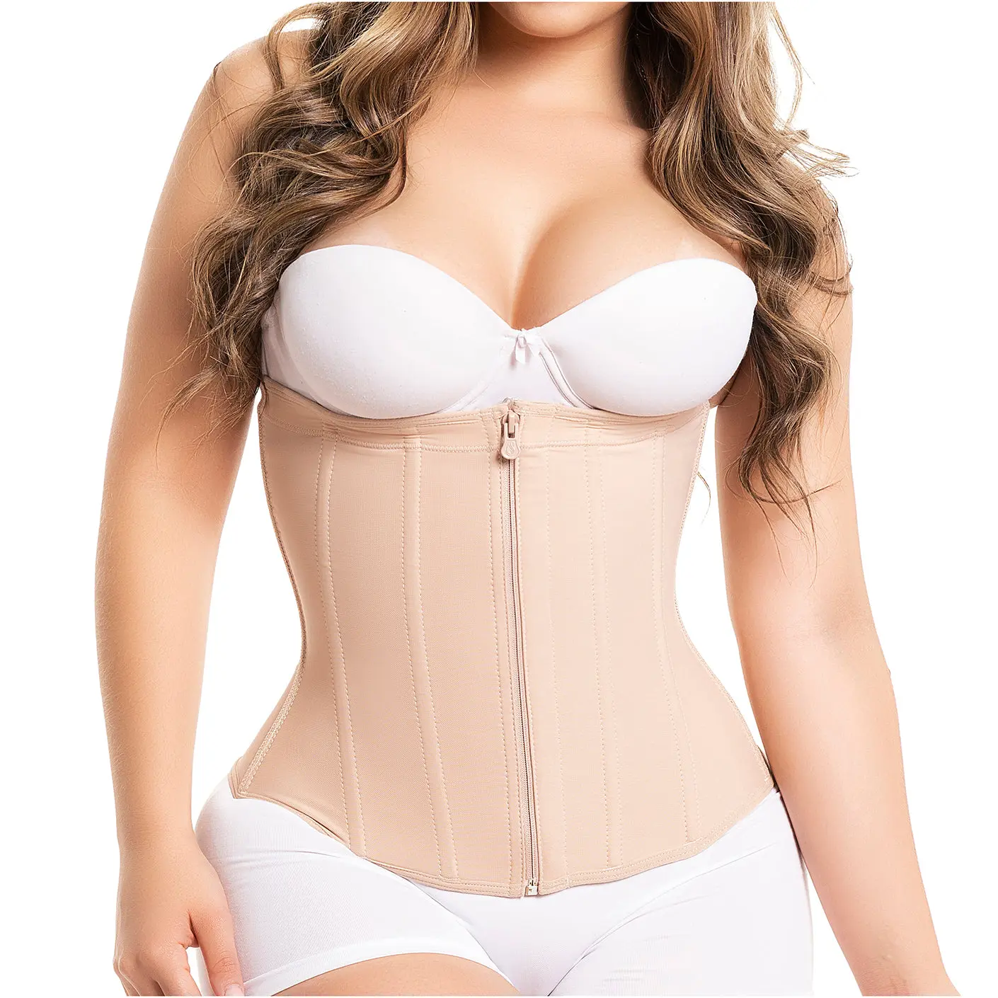 Fajas Salome 315 | Colombian Strapless Waist Cincher | Powernet Medium Compression | 8 Flat Steel Bones Front Zipper | Open Bust Backless Hourglass Women — Made in Colombia