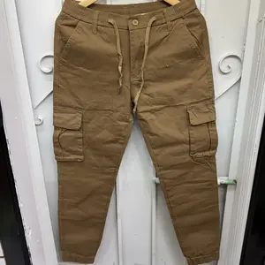 Work Pants Cuff Bottom Khaki Cargo Style with Pockets and Drawstring Waist