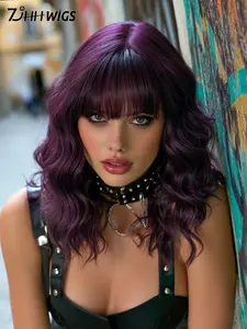 Short Wavy Blackberry Purple Bob Wig with Bangs for Women 12 Inch Short Wave Curly Wig, Natural Synthetic Hair Heat Resistant Colorful Wigs for Party Halloween Cosplay Wear, Music Festival Wigs Accessories Synthetic Fiber Wigs