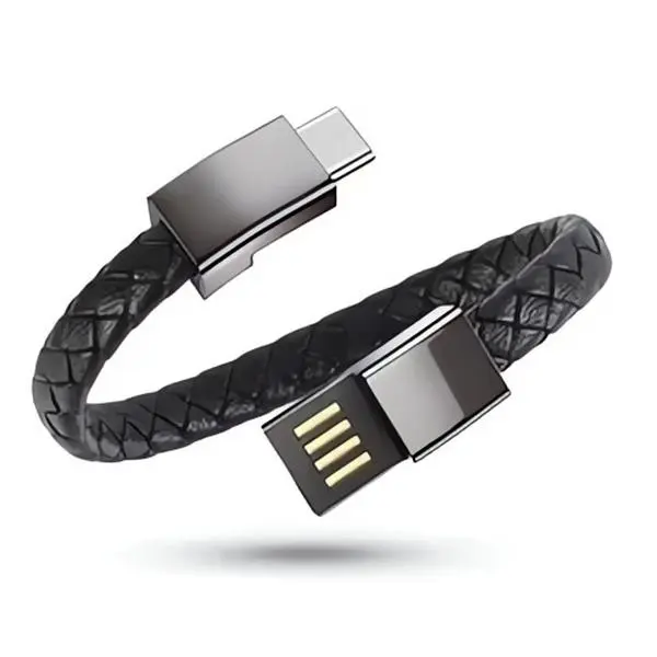 Genuine Leather Wristband Cuff BraceletLeather Charging Braided Bracelets for iPhone, Hematite Metal and Black Leather