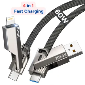 4 in 1 Fast Charging Cable USB-C 60W with Data Sync For iPhone 16 / 15 / 14 / 13 / 12,iPad Pro / Air / Mini,Galaxy and Android,Car Accessories For Travel-Ready ,High-Speed Data Transfer,Smartphone Charger Universal Fast, Zinc Alloy Cable Tangle-Free