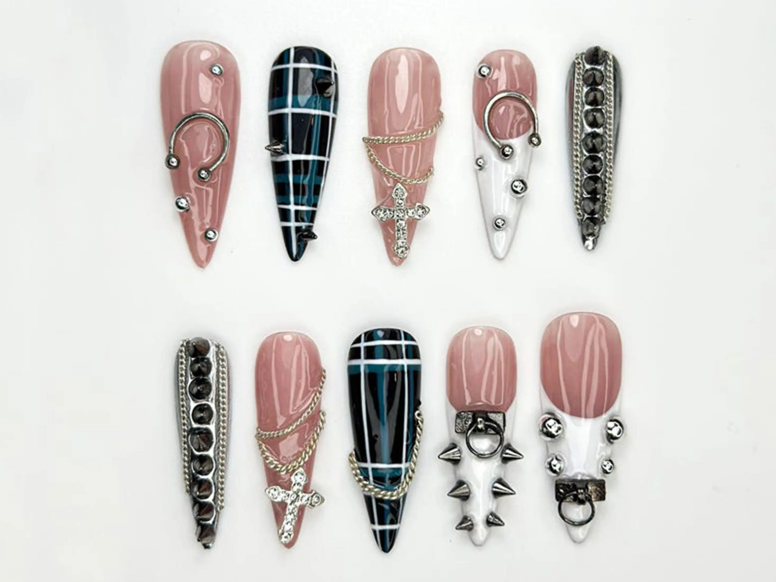 Punk Cross Chain Press On Nails - Gothic Plaid Nail Art - Spiked Pierced Punk Nails - Black White Silver Press Ons - Edgy Nail Set