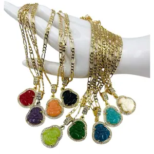 Lucky Buddha Necklaces in Variety of Colors 14K Gold Plated Pendant & Figaro Chain 22" Length 1.5" Pendant Height Unisex Daily Wear
