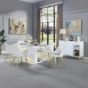 Acme DN01258 Everly Quinn Gaines White High Gloss Finish Wood Gold Accents Dining Table Set - 7 Pieces Modern Design with 6 Chairs Faux Leather Upholstery