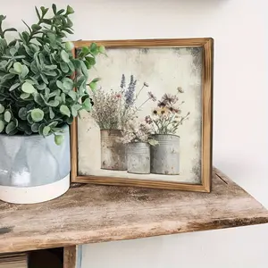 2D Flat, 1pc of Vintage Dried Flower Decoration- 8x8inch Rustic Wooden Framed Wall Art, Decoration for Bedroom, Living Room, Kitchen, Office- Vintage Home Sign, Textured Wood Grain Design, Farmhouse Style Home Art Piece, 2D Flat