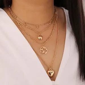 Alloy Jewelry Heart-Shaped Personalized Geometric Map Multi-Layer Necklace Set for Women men's tarnish proof earring name plate Gold Plated Small Hoop Stainless Steel Cuban Link