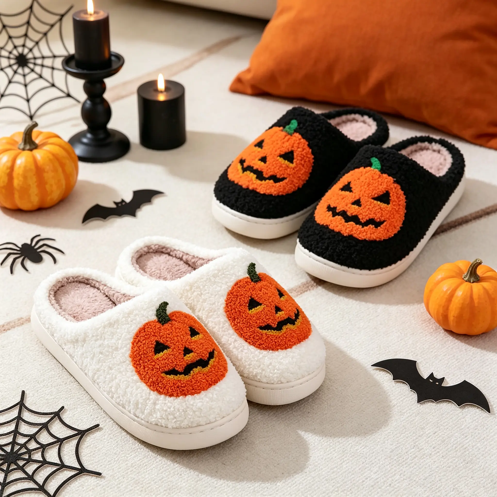 Halloween Skull Pumpkin Plush Slippers for Men Women, Soft Indoor Slides, Non Slip Soft Sole Fluffy Bedroom Indoor Shoes, Holiday Gift