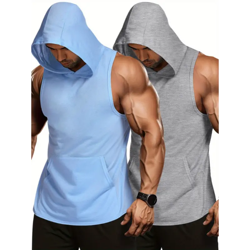 Men's 2-Pack Sleeveless Hooded Tank Tops - 10% Spandex Mix Polyester Blend Solid Colors, Gym Athletic Clothes, Gym Wear, Regular Cut Breathable Knit Bodybuilding Cut-Off Techwear, Male