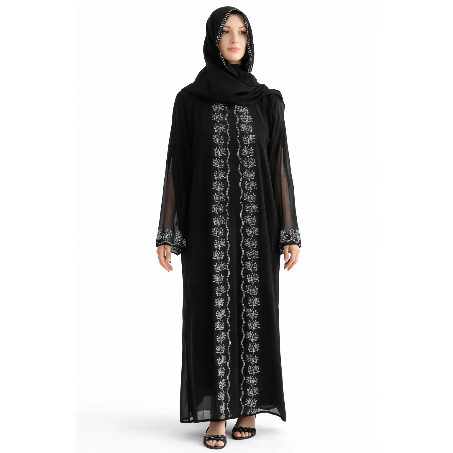 Embroidered Abaya with Sheer Sleeves and Matching Hijab Black Front Open Abaya with Short Sleeve Inner Wear – Floor-Length set 3