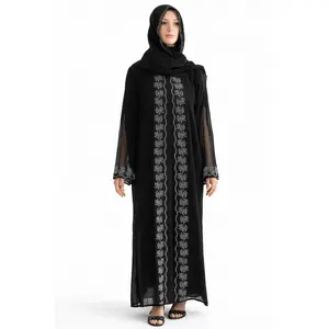 Embroidered Abaya with Sheer Sleeves and Matching Hijab Black Front Open Abaya with Short Sleeve Inner Wear – Floor-Length set 3