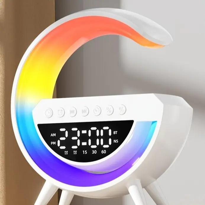 AKLLCCR Multifunction 7in1 RGB Plastic Portable Speakers - Wireless Bluetooth Rechargeable Cordless Audio, Wireless Charging Station, Alarm Clock, FM Radio, 7-Color LED Night Light for Home Bedroom