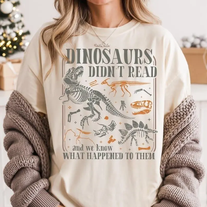 Gildan Unisex Funny Dinosaur Graphic T-Shirt, Preppy Cute 100% Cotton Classic Fit for Book Lovers, True to Size, Fitted